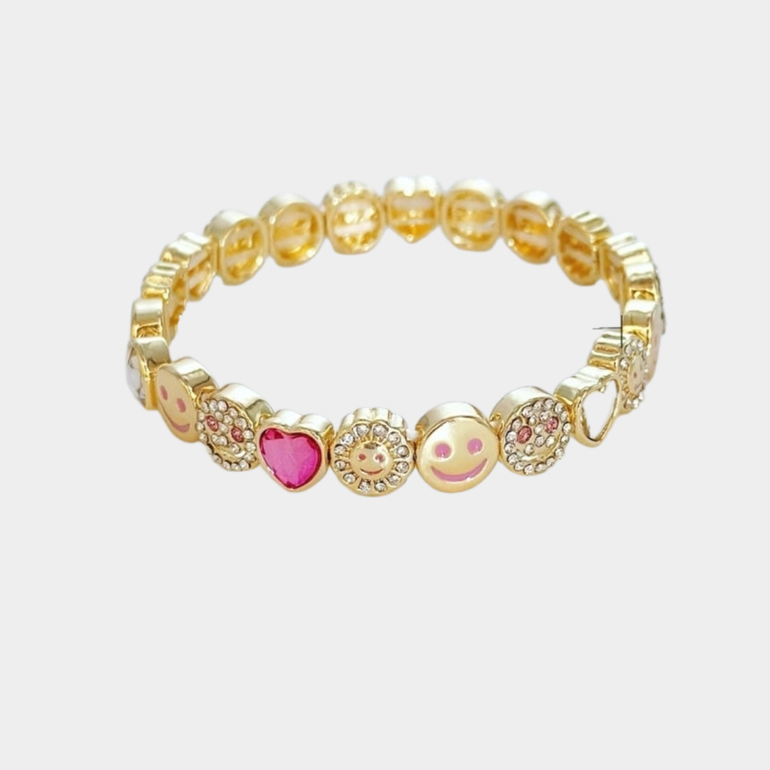 Eudaimonia smiley face heart zircon bracelet, Gold plated.
