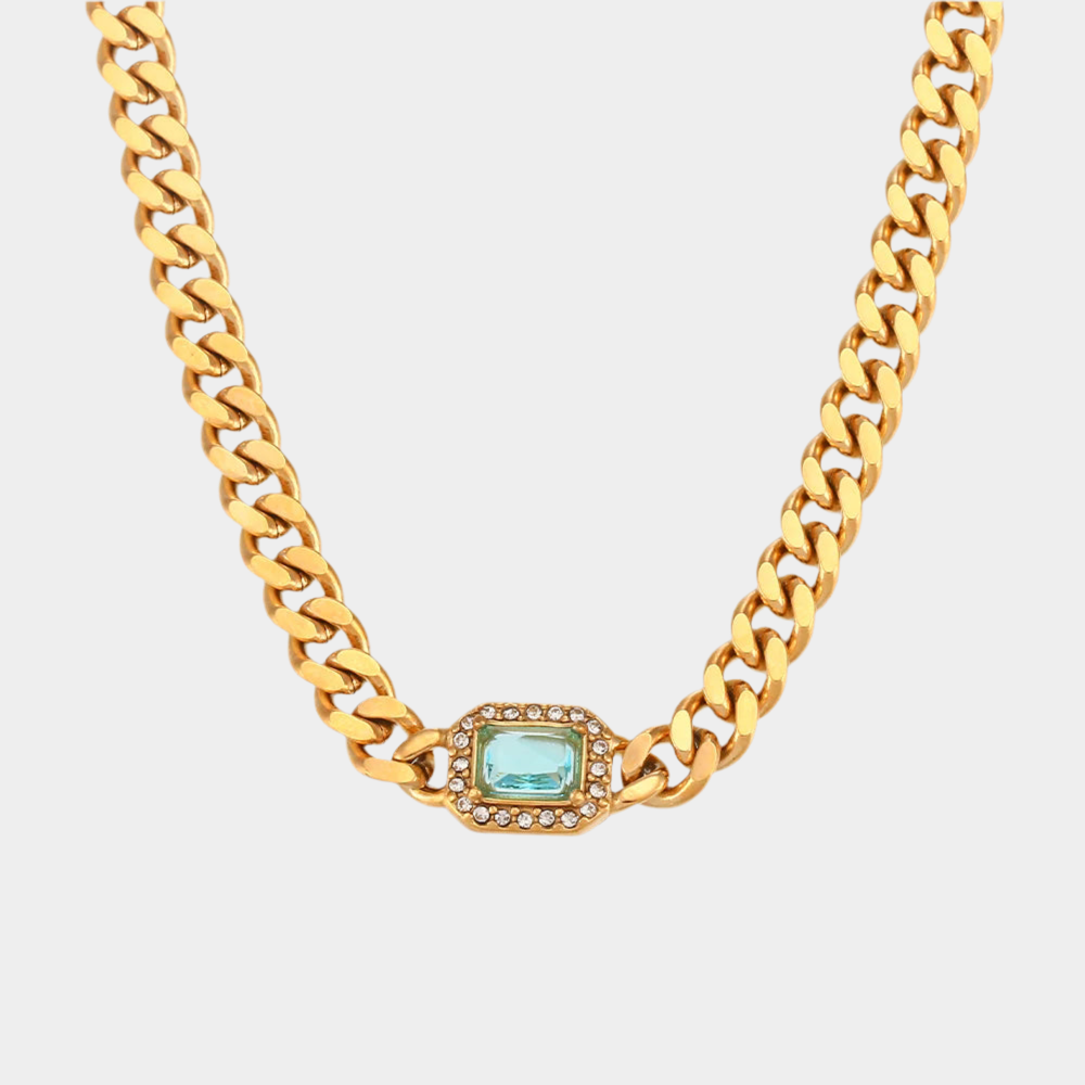 Ceto blue rhinestone Cuban chain necklace, 18k gold plated.
