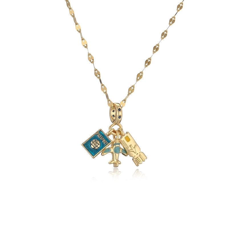 Poseidon travel zircon pendant necklace, Gold plated.