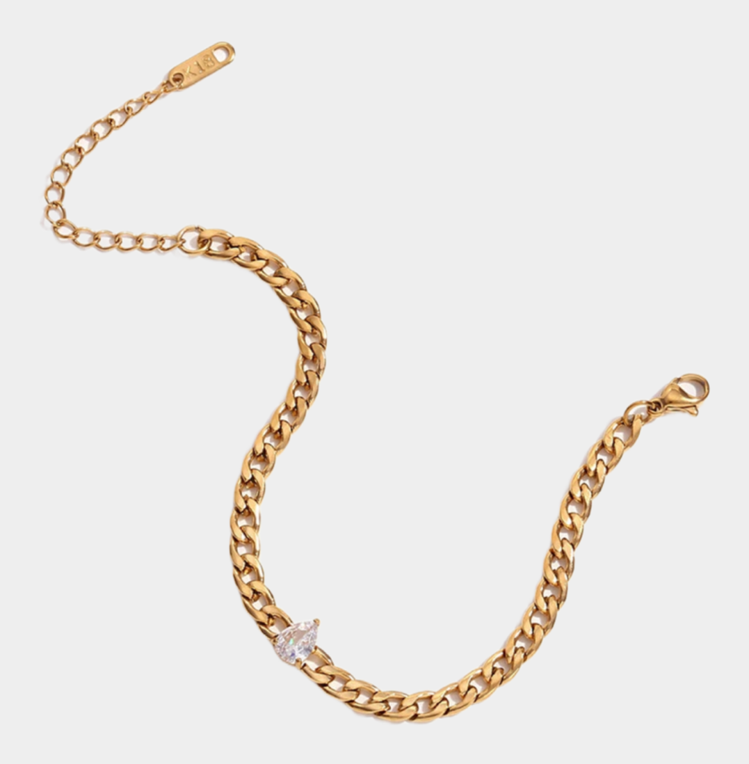 Droplet rhinestone Cuban chain bracelet, 18k gold plated