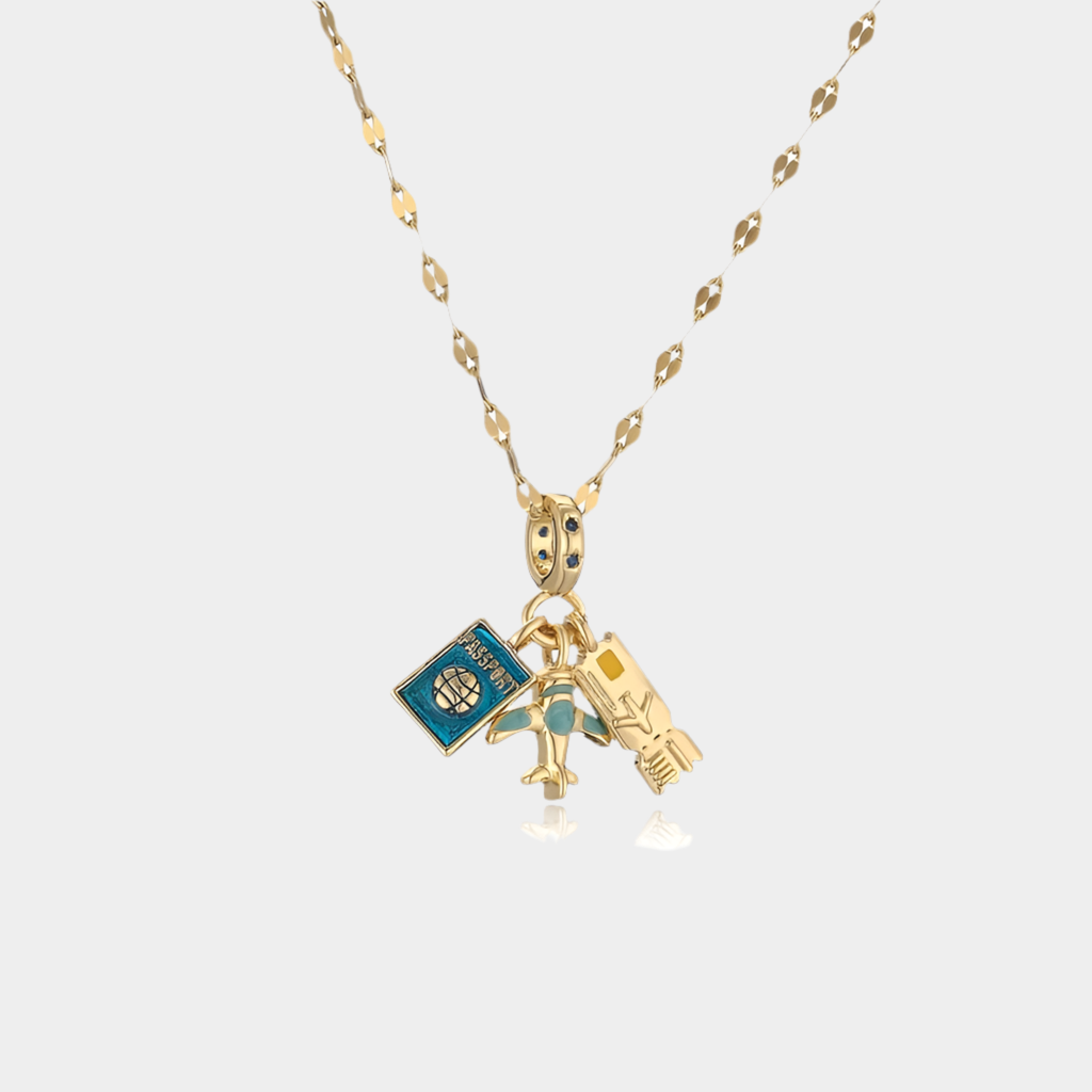 Poseidon travel zircon pendant necklace, Gold plated.
