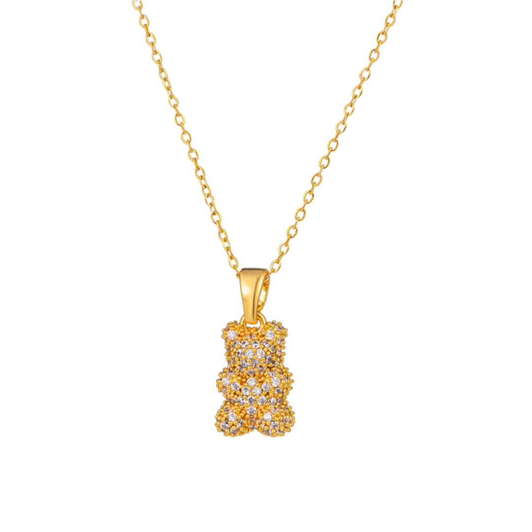 Zircon bubble bear necklace 18k gold plated.