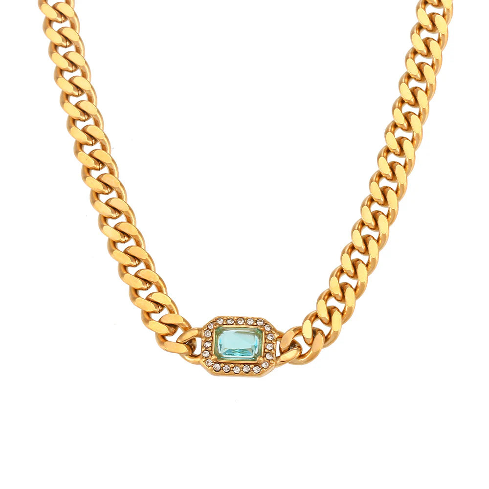 Ceto blue rhinestone Cuban chain necklace, 18k gold plated.