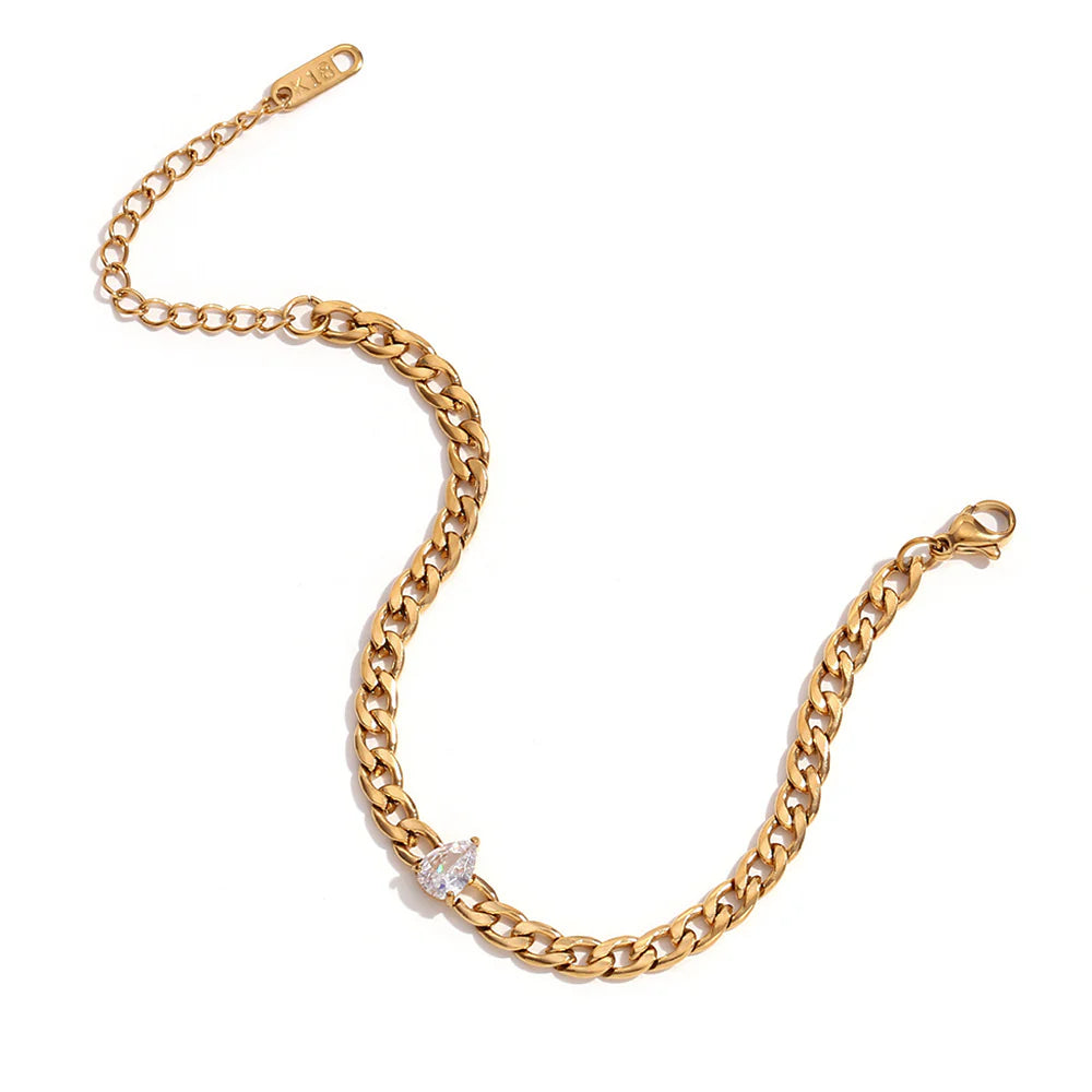 Droplet rhinestone Cuban chain bracelet, 18k gold plated