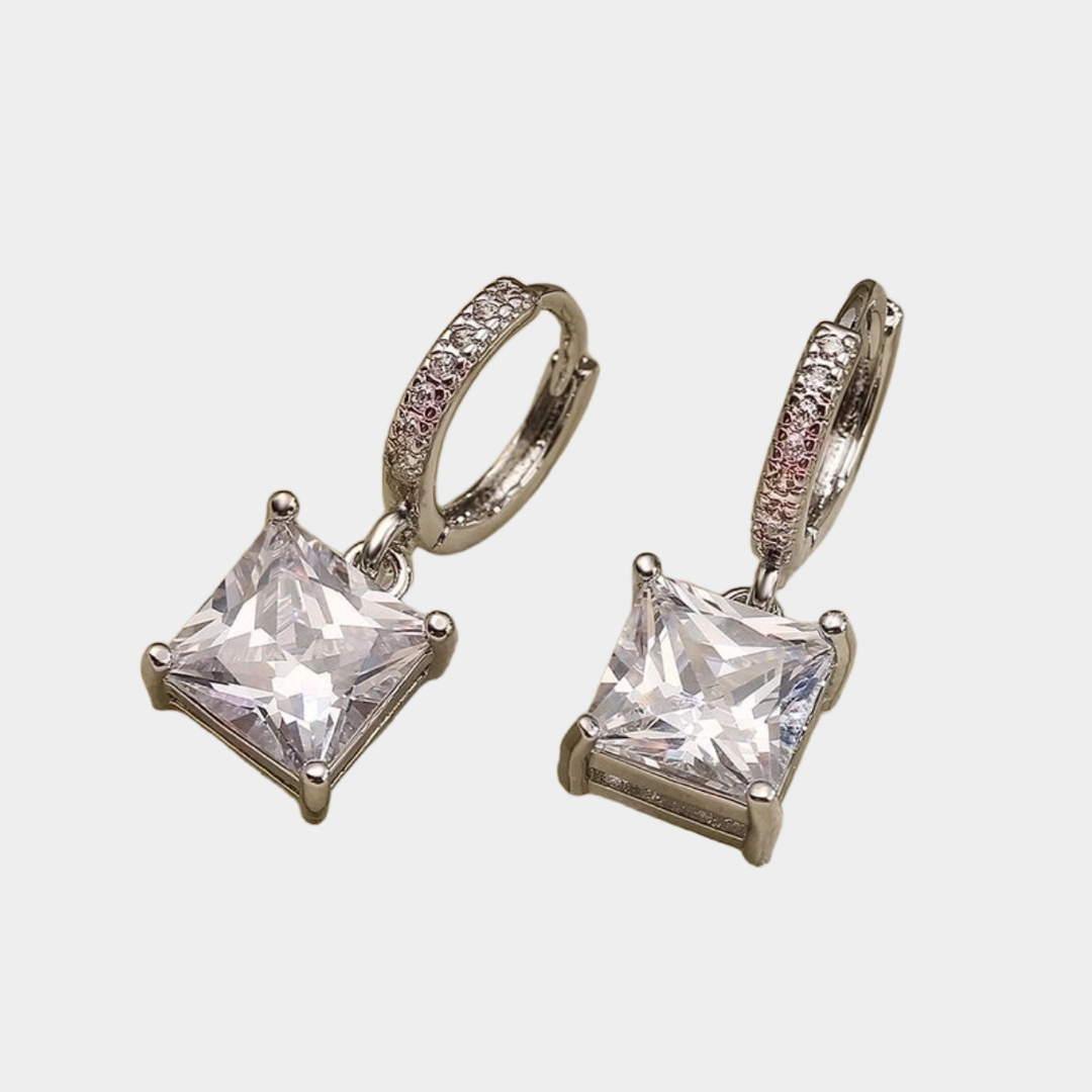 Dione square rhinestone drop silver earrings.
