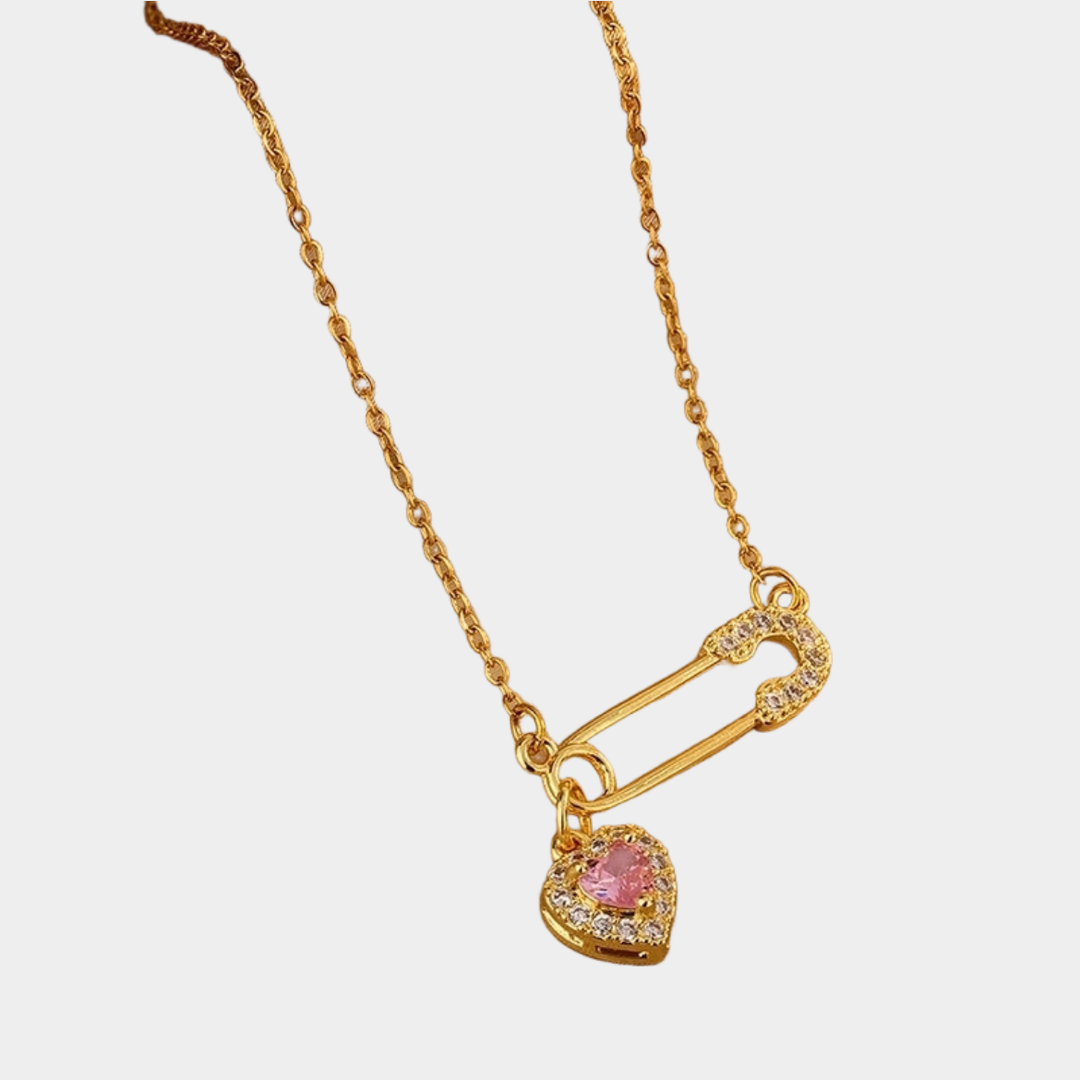 Philia pink sweetheart safety pin necklace, 18k gold plated.