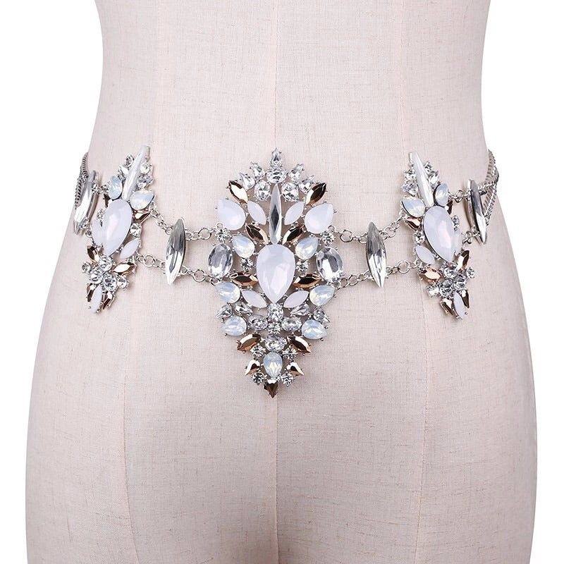 Silver & white diamond waist body chain