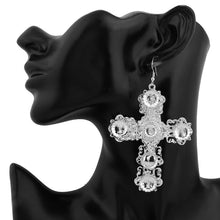 Silver baroque cross drop earrings