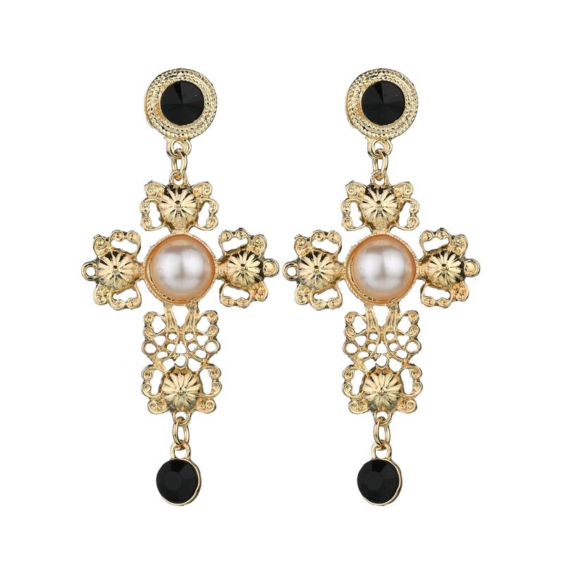Black & gold baroque pearl cross earrings