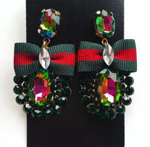 Green & red bow diamond drop earrings