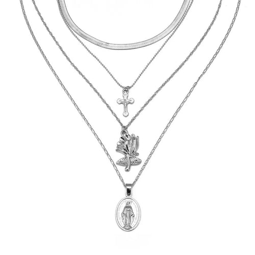 Silver 4PC layer cross & rose necklace