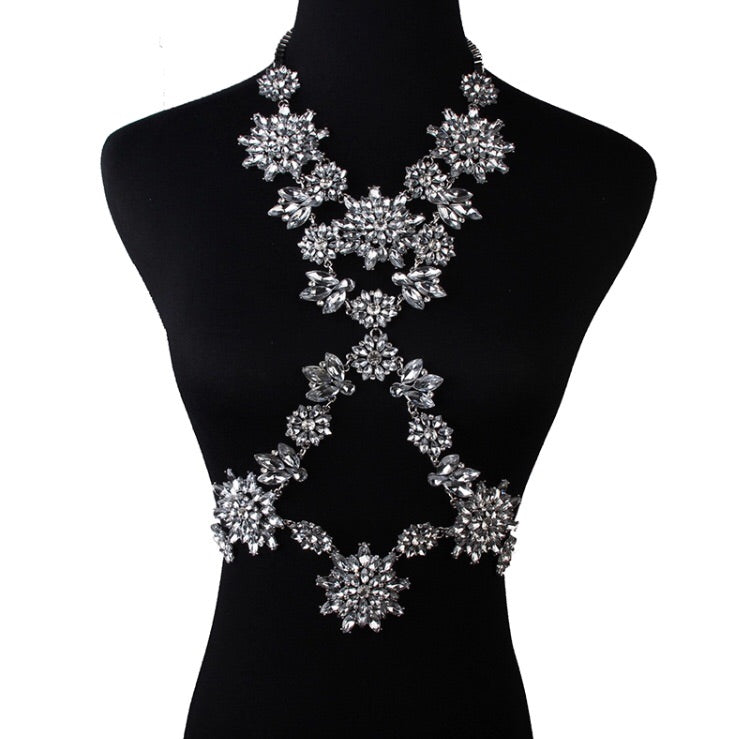 Luxury silver diamond flower body chain