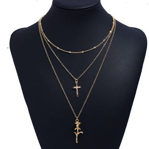 Cross & rose 3pc gold layer necklace