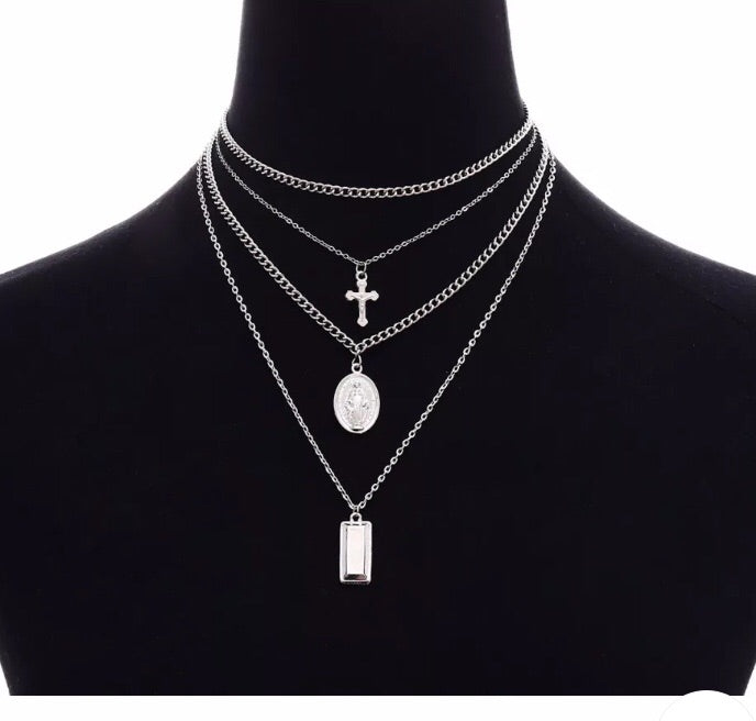 Silver cross 4pc layer necklace